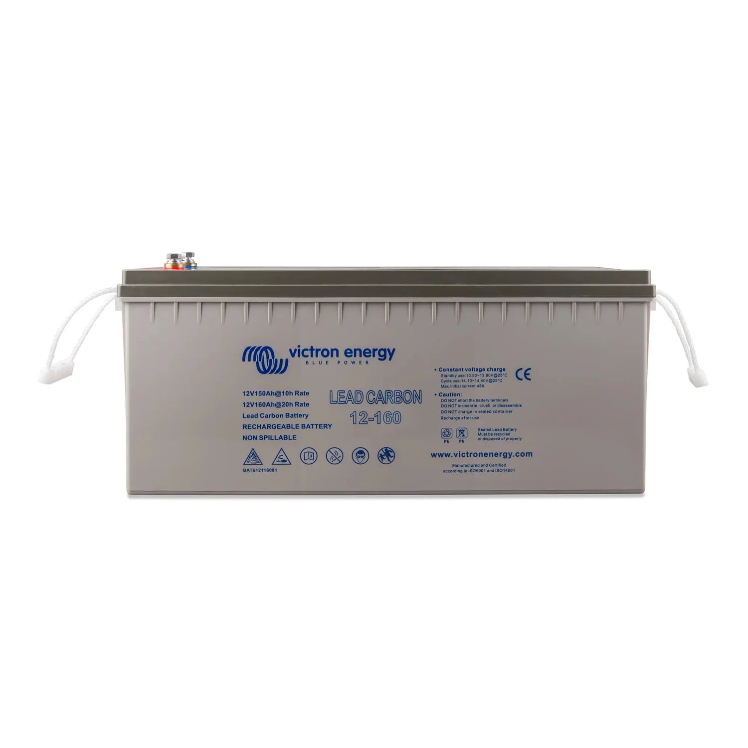 Victron Energy Lead Carbon 12-160 rechargeable battery with white handles and terminal connectors on white background.