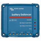 Victron Energy blue battery balancer device with terminal connections and indicator lights for voltage monitoring.