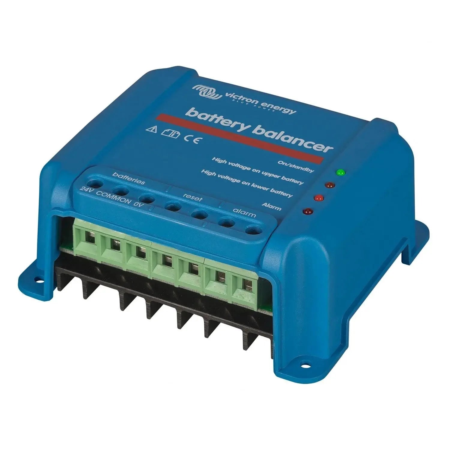 Victron Energy battery balancer device, blue enclosure with green terminal blocks, status indicator lights, and labeled contr
