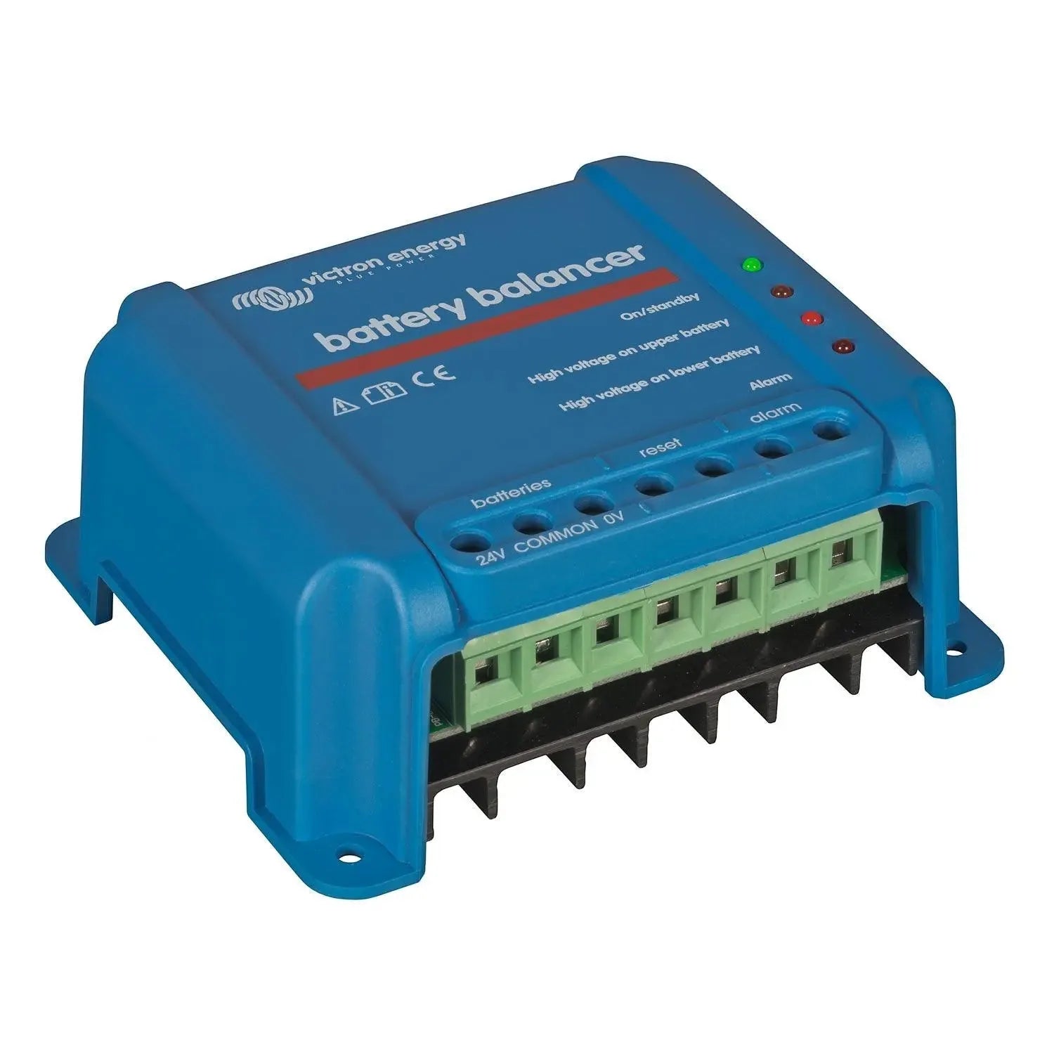 Victron Energy blue battery balancer with green terminal block connectors and indicator lights mounted on angled surface.