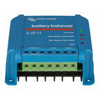 Victron Energy blue battery balancer device with status indicator lights and green terminal block connectors for 24V systems.
