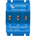 Victron Energy blue diode battery combiner device with three metal terminals labeled input, output, and input, front view.