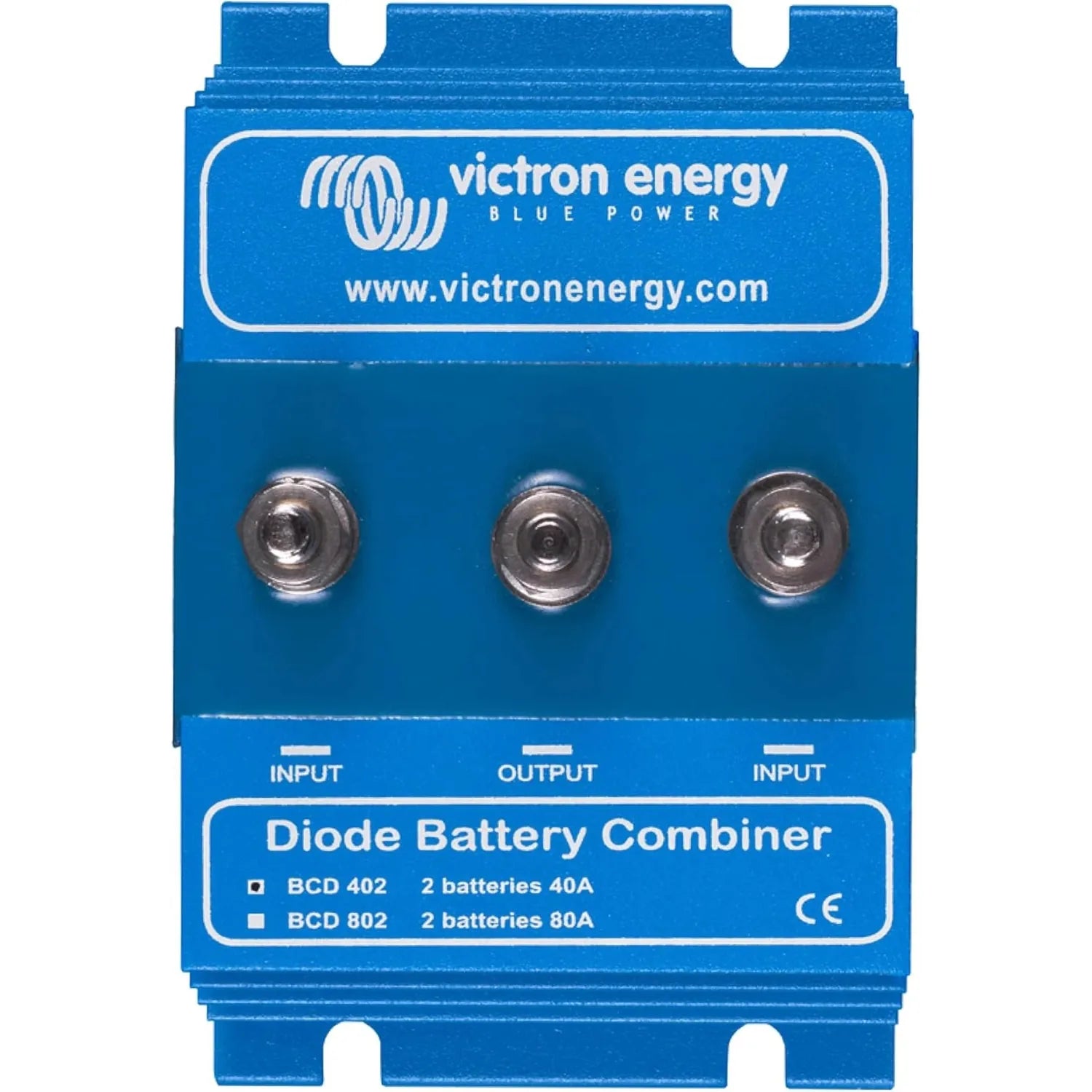 Victron Energy blue diode battery combiner device with three metal terminals labeled input, output, and input, front view.
