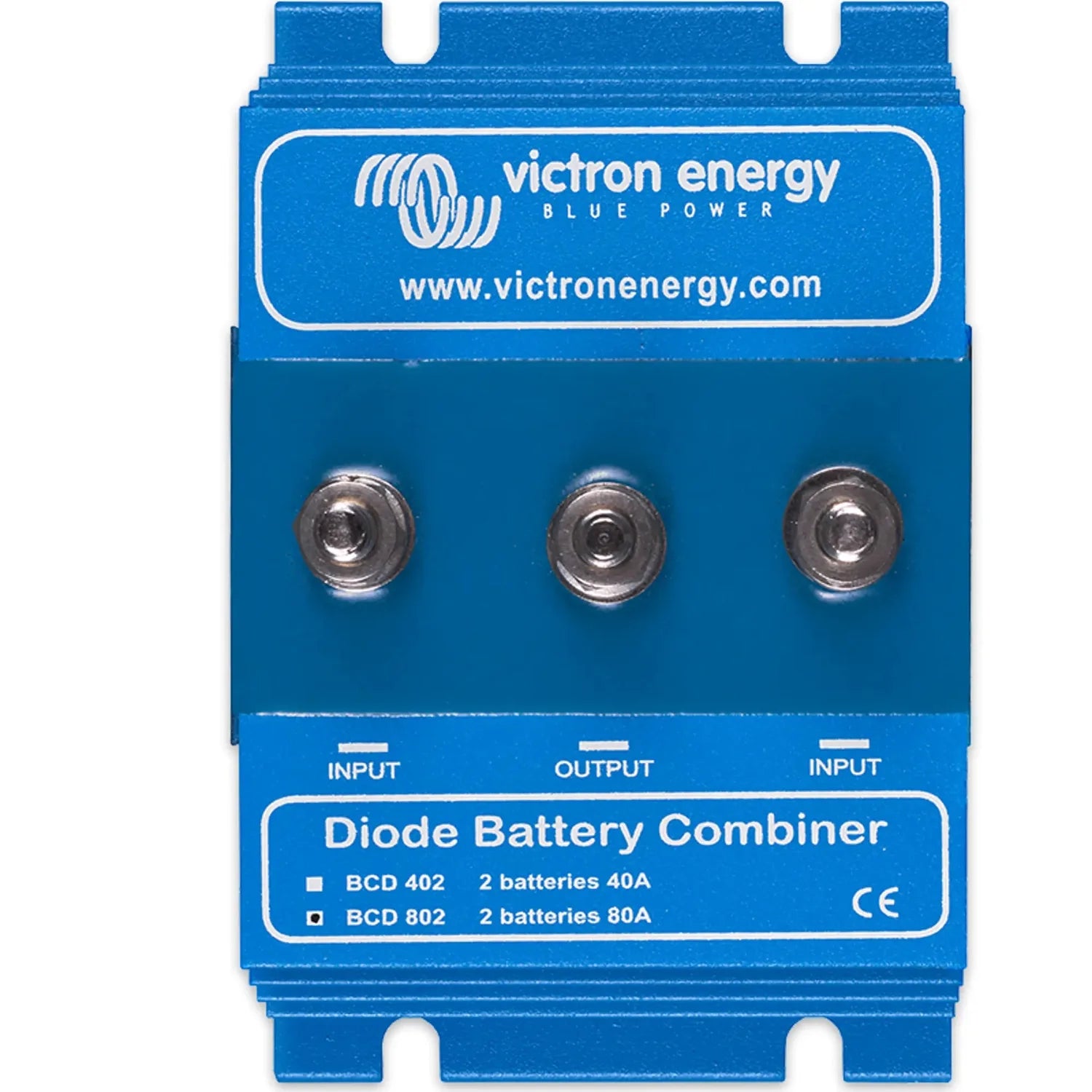 Victron Energy blue diode battery combiner with three terminal posts labeled input, output, and input, front view product pho