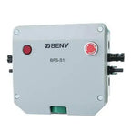 BENY BFS-S1 rapid shutdown switch with two red indicator buttons and black cable connectors on light gray enclosure.