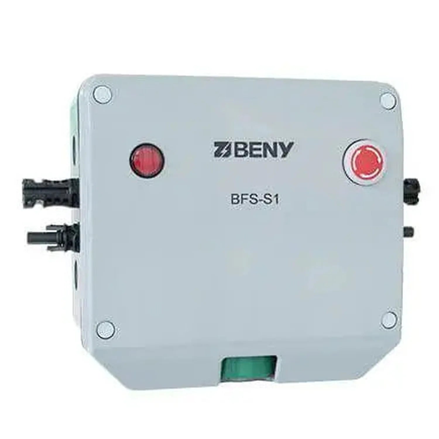 Beny BFS-S1 rapid shutdown switch with two red indicator buttons and green status light on gray metal enclosure.