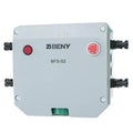 BENY BFS-S2 rapid shutdown switch with two red buttons and black cable connectors on light gray enclosure.