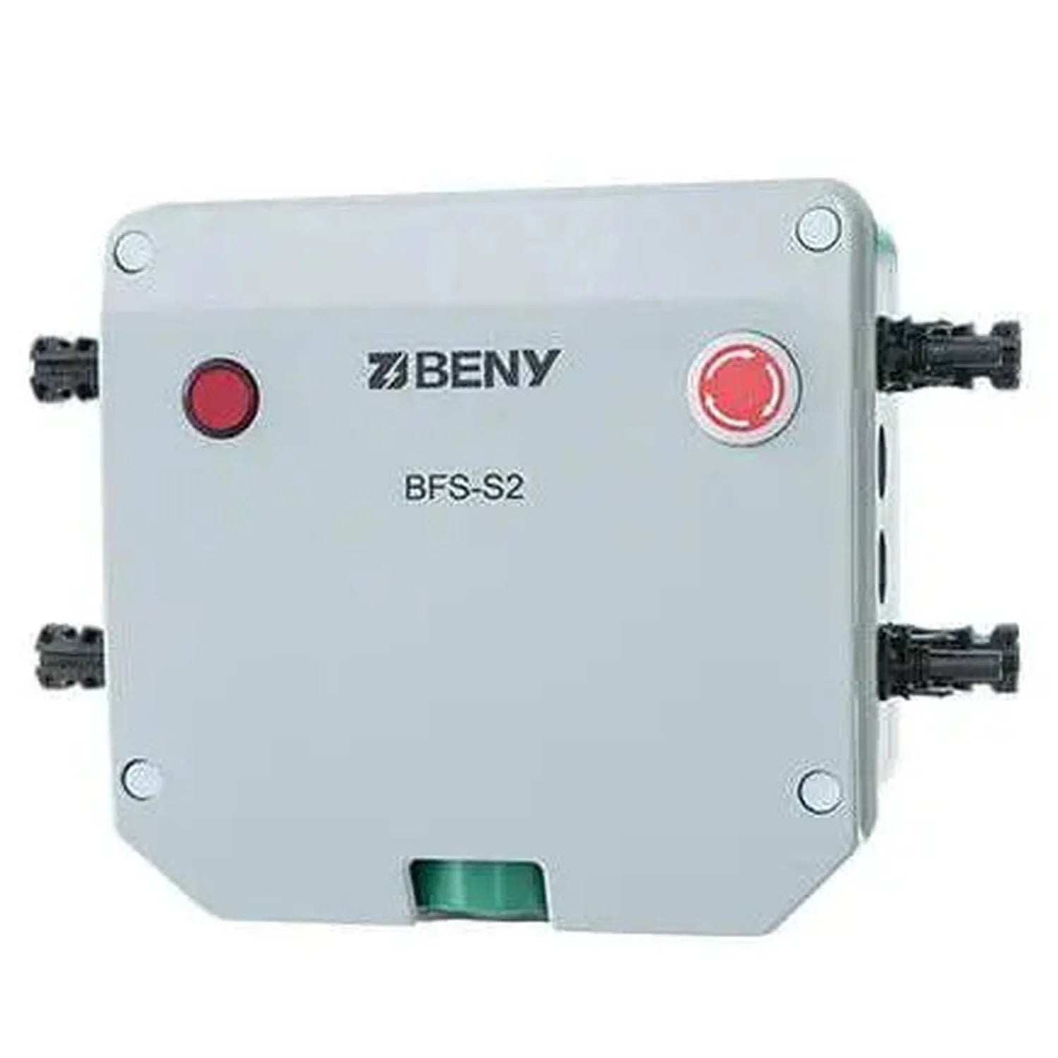 BENY BFS-S2 rapid shutdown switch with two red buttons and black cable connectors on light gray enclosure.