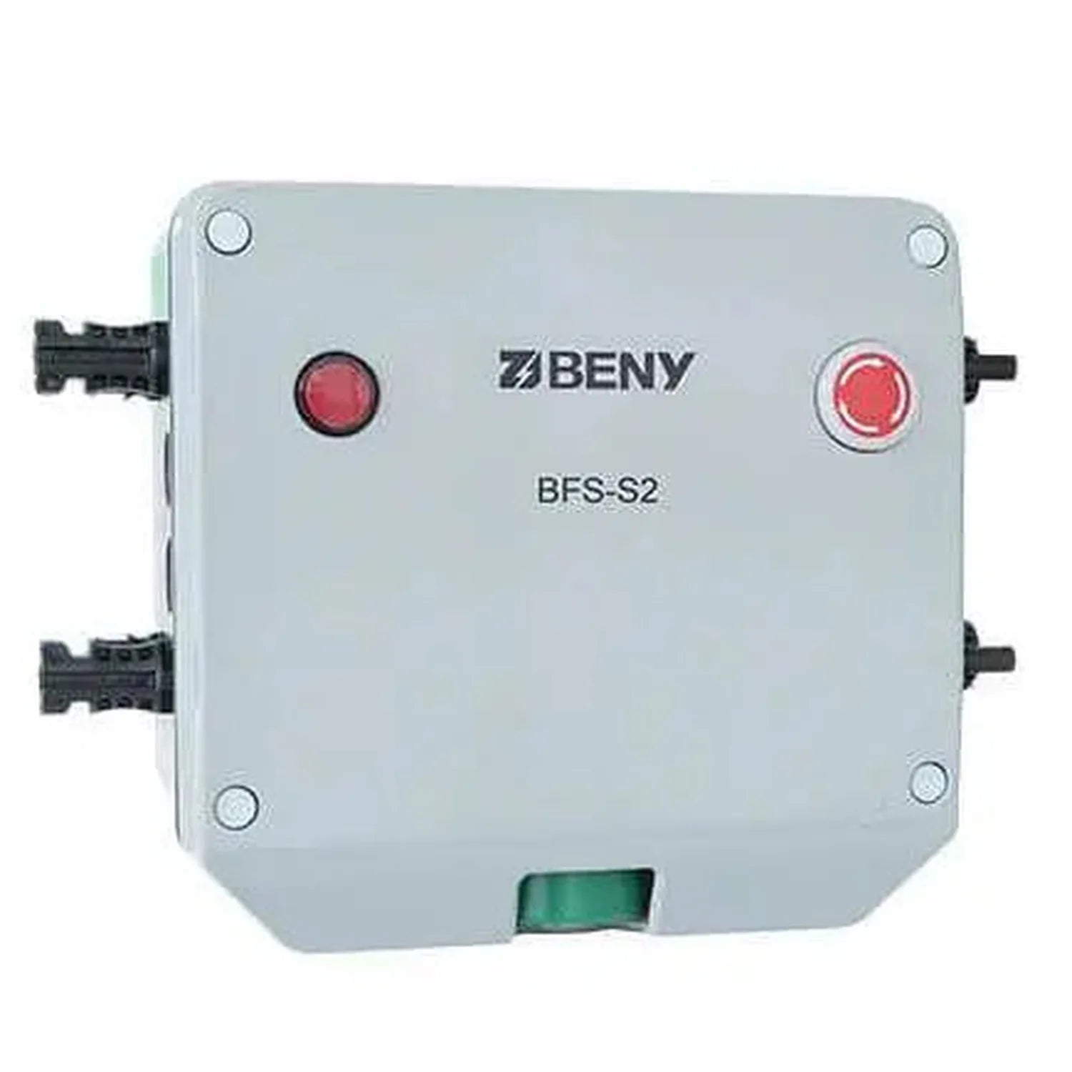 BENY BFS-S2 rapid shutdown switch with two red push buttons and black connectors on light gray enclosure.