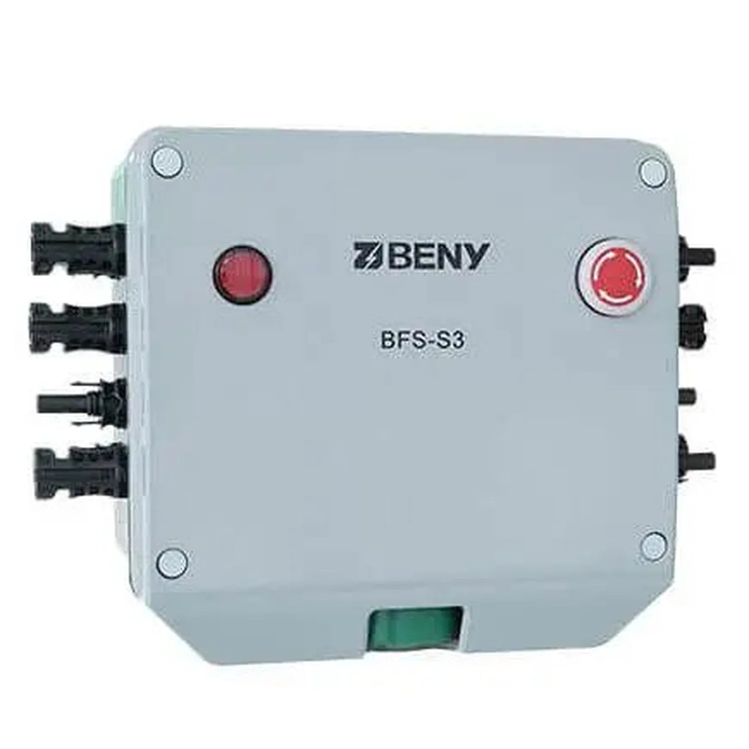 BENY BFS-S3 rapid shutdown switch with two red buttons and multiple cable connectors on light gray housing.