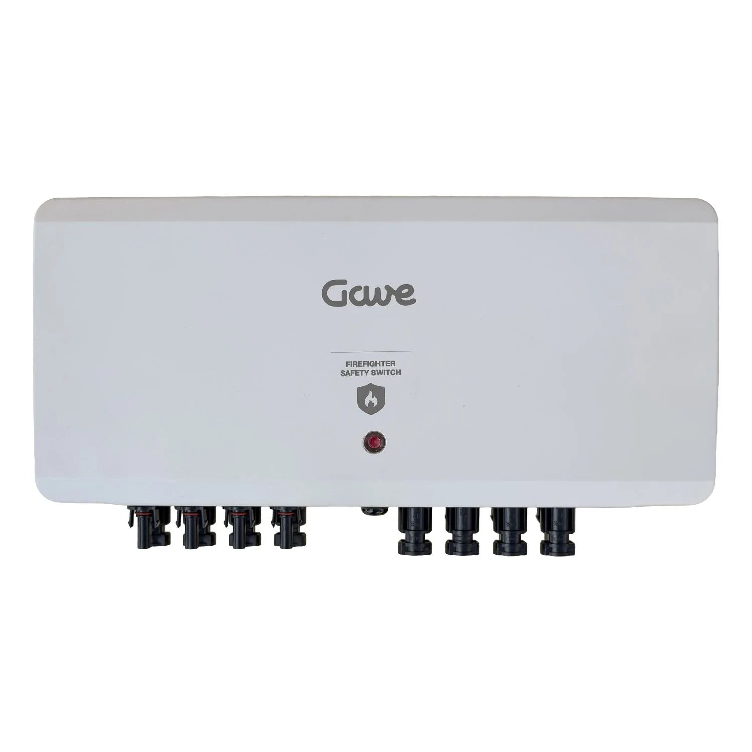 Gawe solar rapid shutdown switch with firefighter safety switch label, red indicator light, and eight black connectors on whi