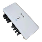 White rectangular solar rapid shutdown switch with four black connector ports on right side and blue LED indicator light.