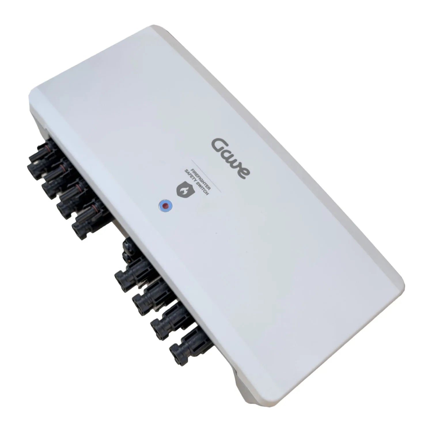 White rectangular solar rapid shutdown switch with four black connector ports on right side and blue LED indicator light.
