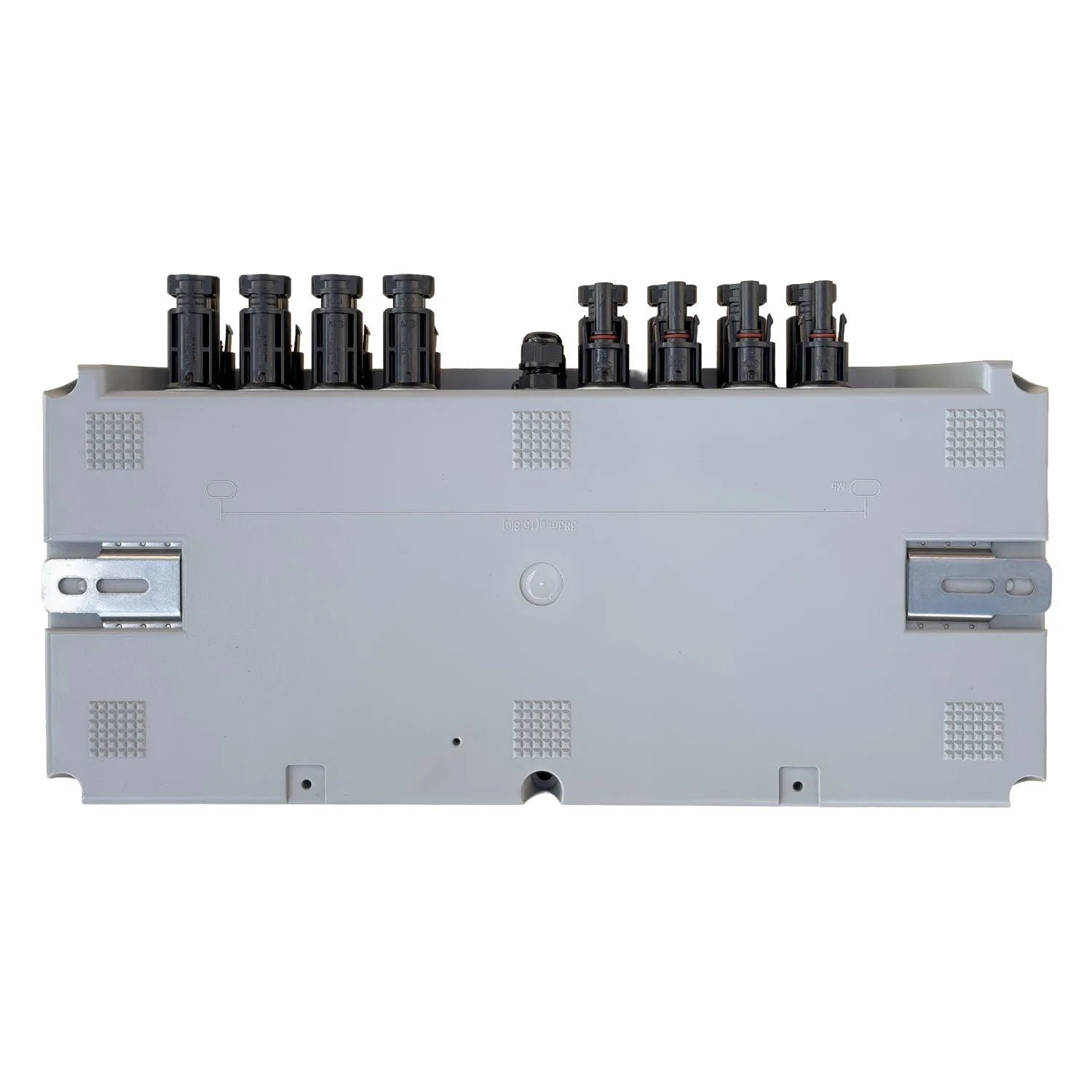 Solar PV rapid shutdown switch with four black connector modules mounted on light gray base plate, front view showing mountin