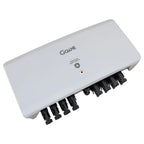 Gawē solar rapid shutdown switch with four DC connector ports visible on bottom, firefighter safety switch labeled on white h
