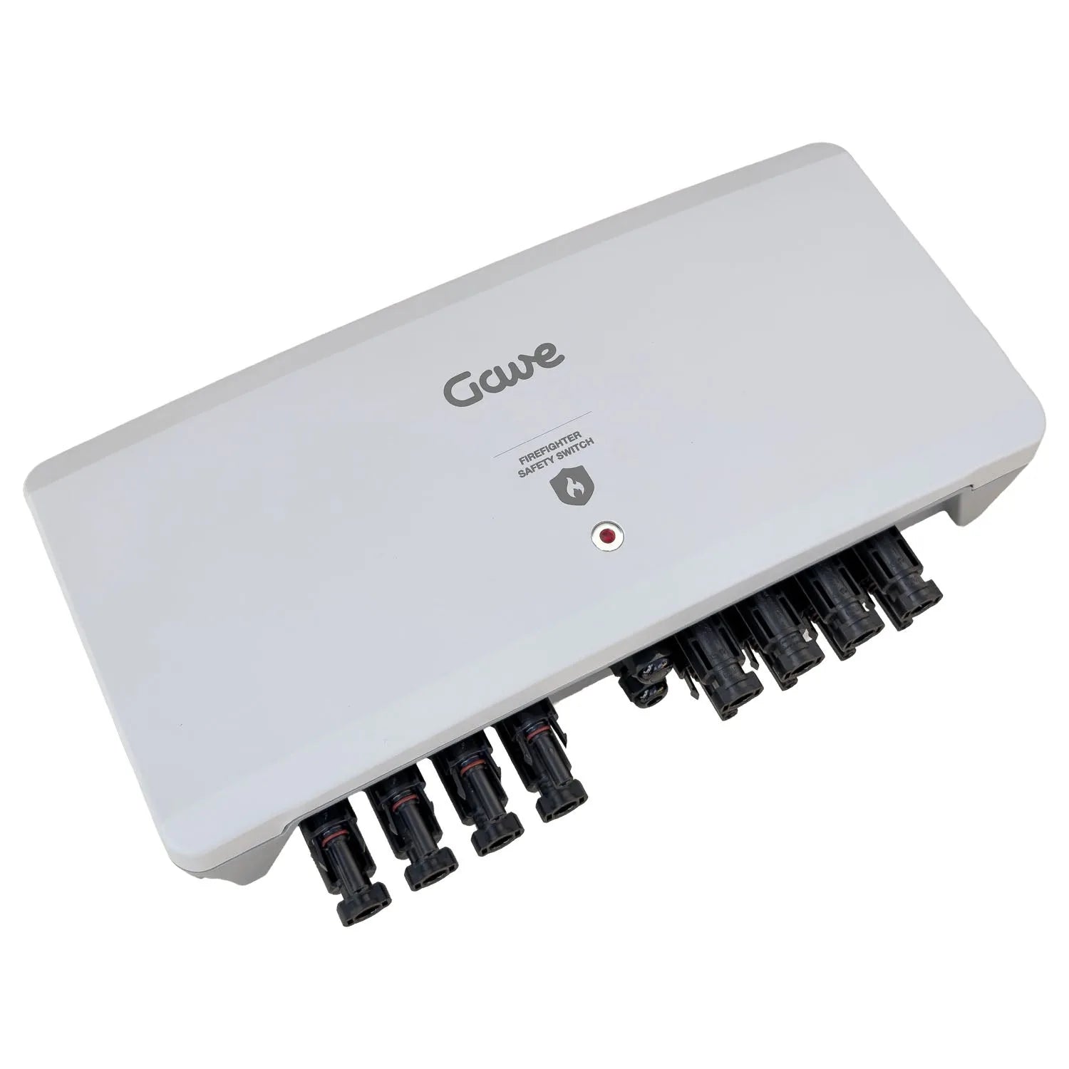 Gawē solar rapid shutdown switch with four DC connector ports visible on bottom, firefighter safety switch labeled on white h