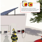 Emergency stop switches with red rotary handles mounted on building wall near solar panels and charging station, with electri