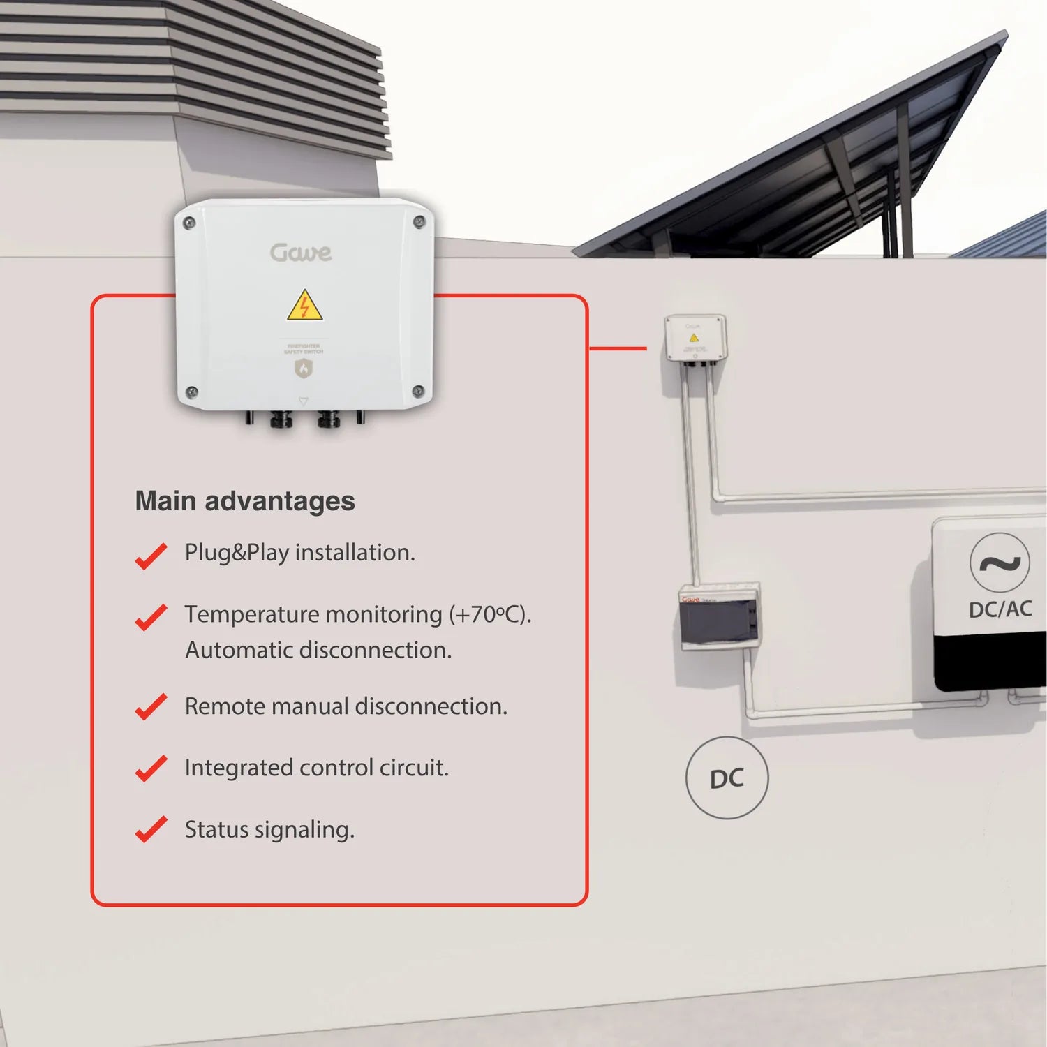 GAVE solar rapid shutdown switch mounted on building wall with solar panels, showing main advantages including plug-and-play 