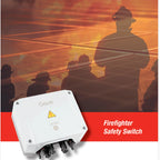 White Firefighter Safety Switch device with yellow warning triangle and black connectors, displayed against background of fir