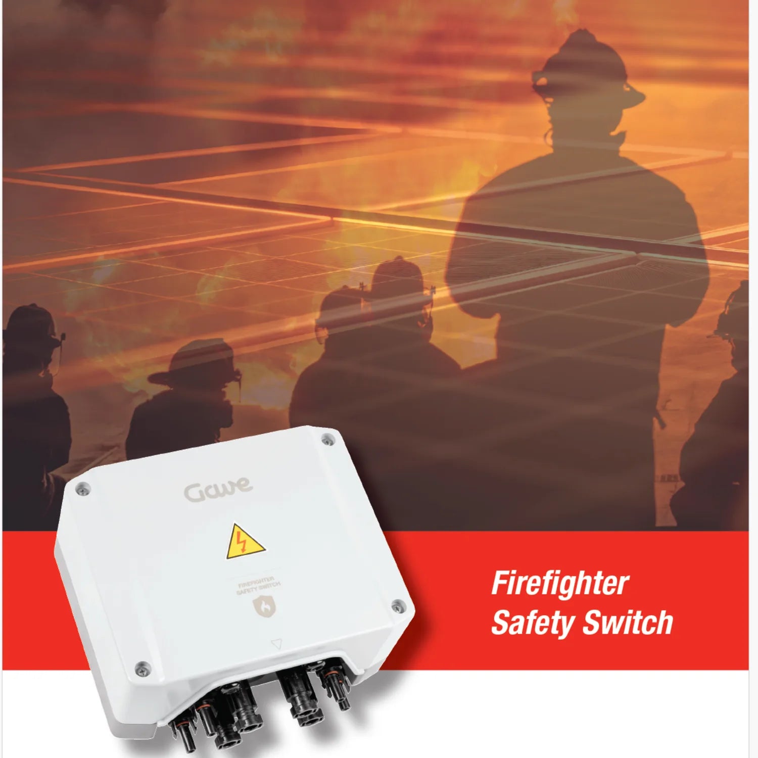 White Firefighter Safety Switch device with yellow warning triangle and black connectors, displayed against background of fir