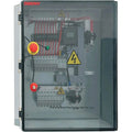 BENY PV combiner box with 16 string inputs, featuring red DC disconnect switches, yellow electrical hazard warning labels, em