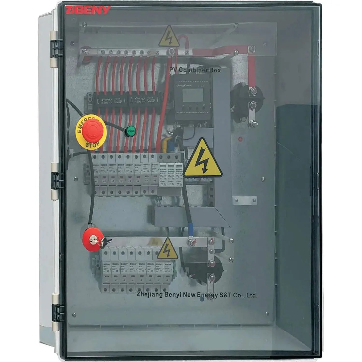 BENY solar PV combiner box with 8-string capacity, featuring red DC disconnect switch, emergency stop button, yellow warning 