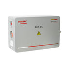 ZBENY BHT-5/5 solar combiner box with yellow electrical hazard symbol and red accent stripe on gray metal housing.