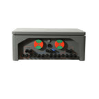 Gray rapid shutdown combiner box with red and green indicator wheels, multiple terminal connections, and labeled PV input por