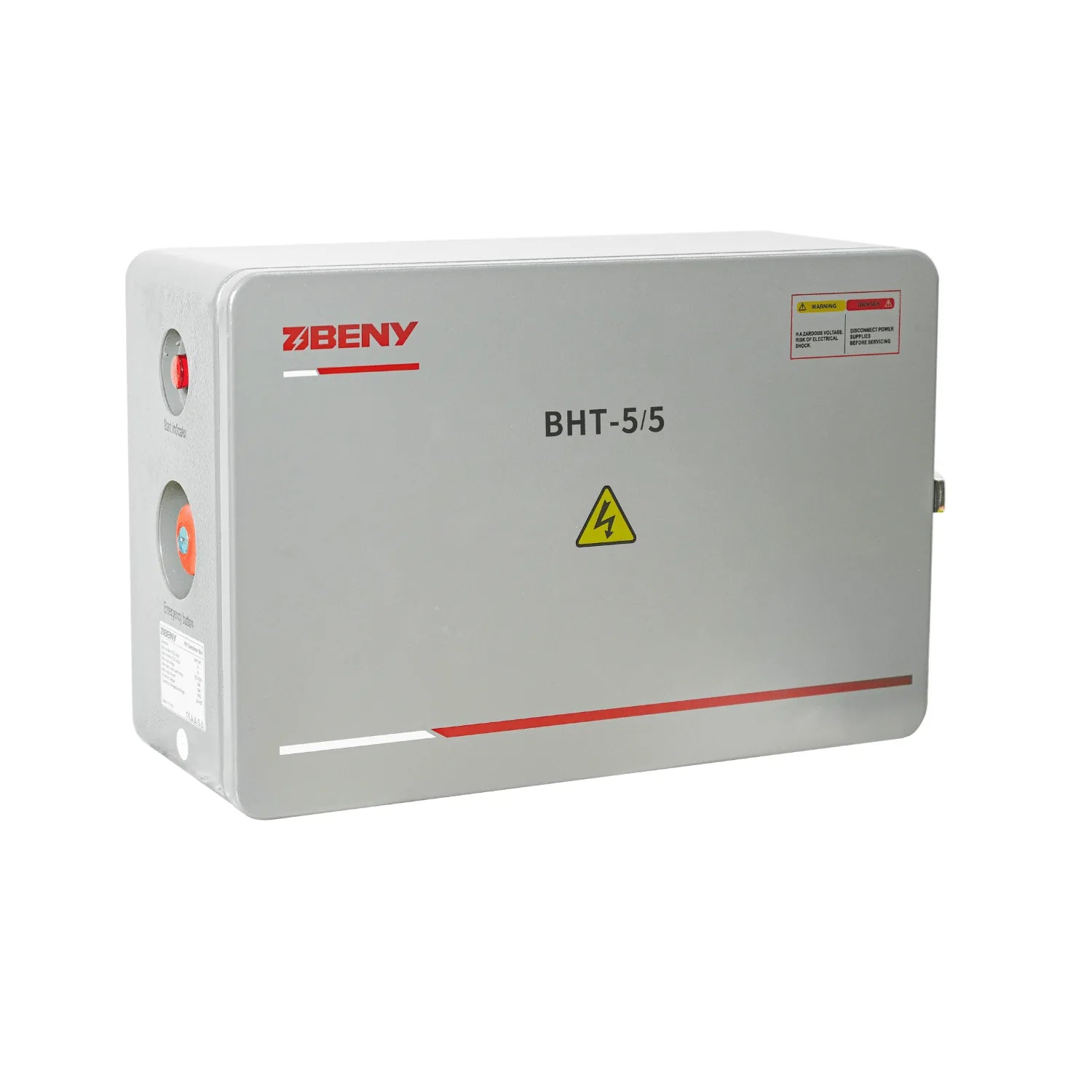 ZBENY BHT-5/5 solar combiner box with yellow electrical hazard warning symbol and red accent stripe on gray metal enclosure.