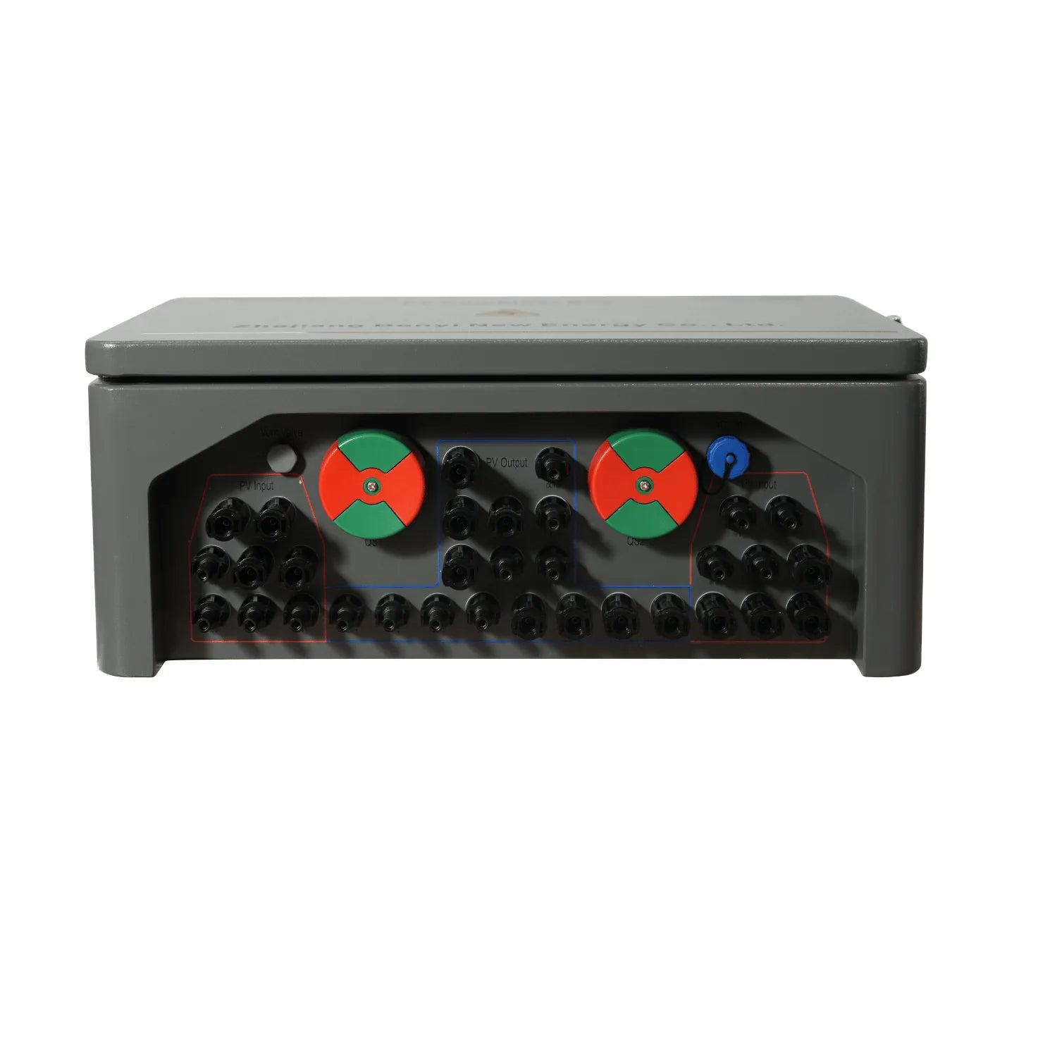 Solar PV rapid shutdown combiner box with gray housing, six input terminals, two red and green selector switches, and multipl