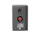 Gray PV combiner box with red start indicator light and red emergency button, front view of product unit.