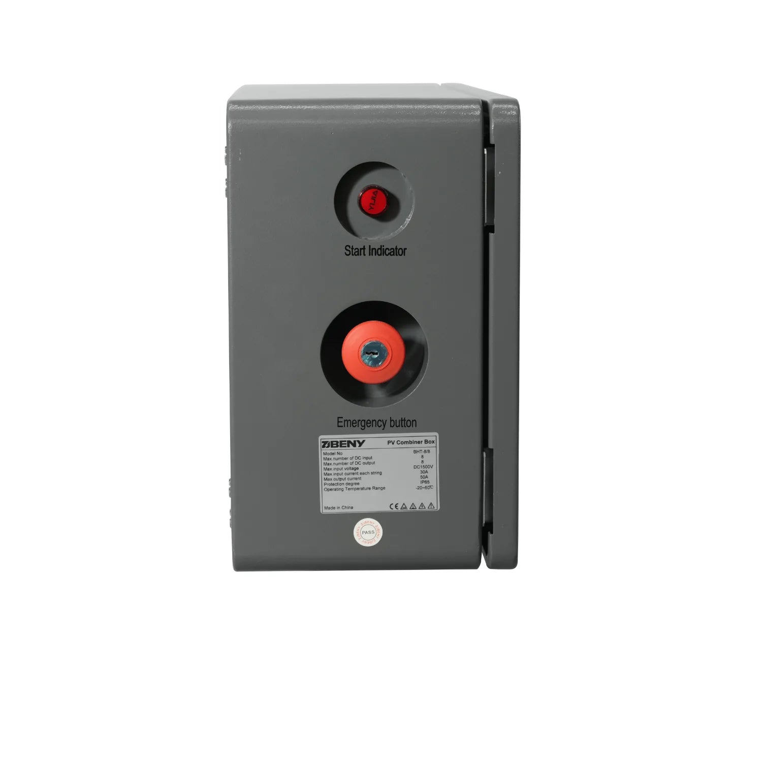 Gray PV combiner box with red start indicator light and red emergency button, front view of product unit.
