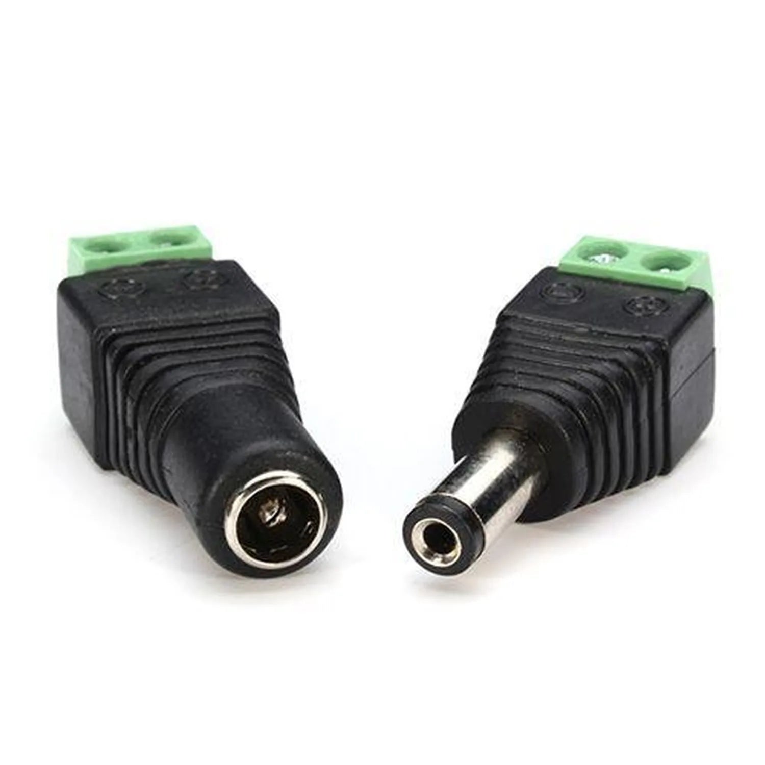 Pair of black 2.1mm DC power connectors with green terminal blocks, male and female plugs shown side by side.