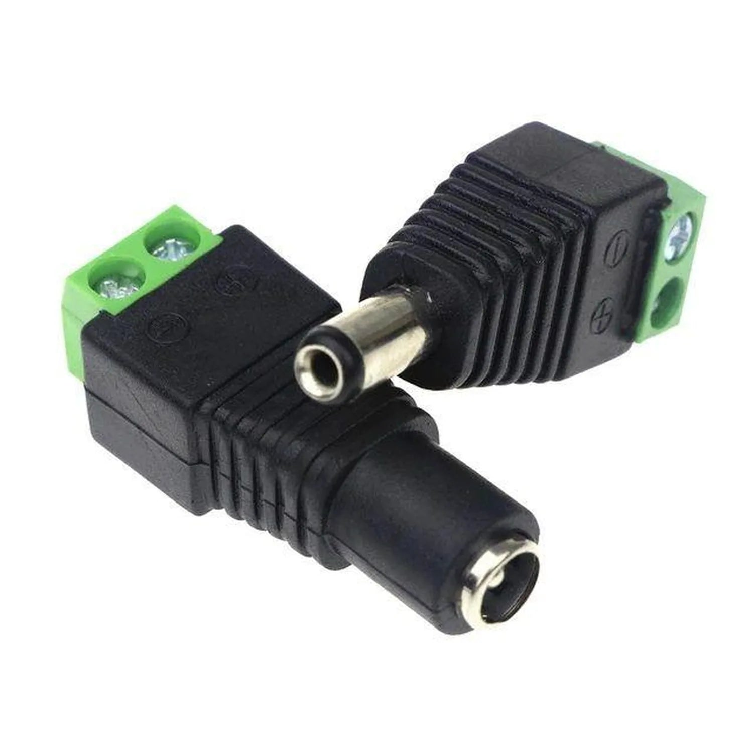 DC power connectors with male and female plugs, 2.1mm jack, green terminal blocks, displayed as product isolated on white bac