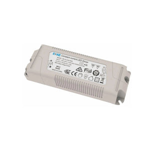 White rectangular LED driver with ribbed ventilation panels, certification marks, and product labeling visible on top surface