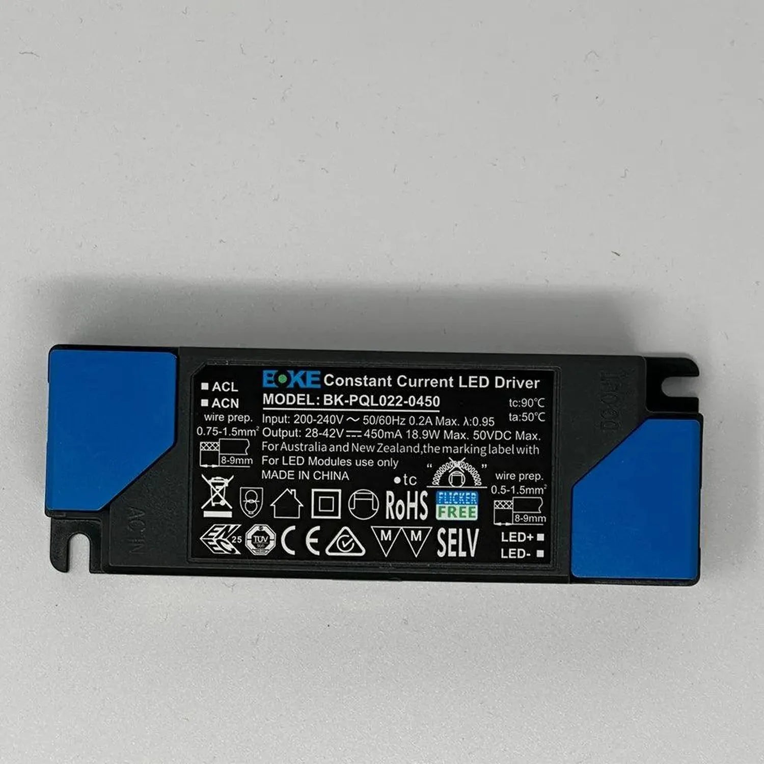 BOKE Constant Current LED Driver Model BK-PQL022-0450, black and blue plastic unit with input/output specifications and safet