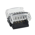 Multi-pin LED strip connector board with transparent cover, showing gold contacts and black base terminal block.