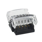 Multi-pin LED strip connector board with transparent cover, showing gold contacts and black base terminal block.