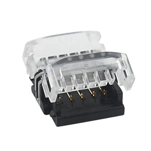 Multi-pin LED strip connector board with transparent cover, showing gold contacts and black base terminal block.