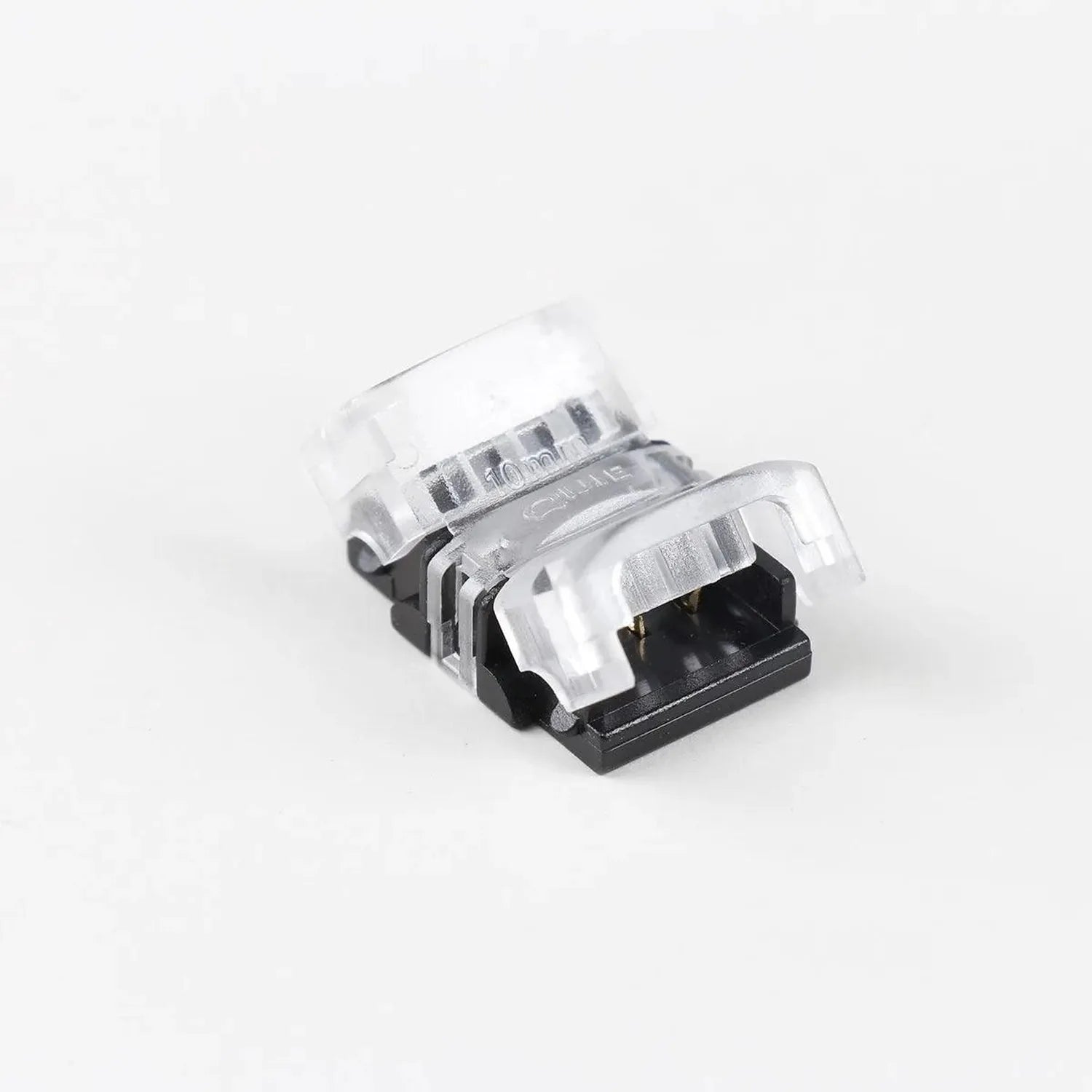 Clear plastic and black metal LED strip connector with multiple pin contacts, shown against white background.