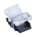 LED strip connector board with white clip housing and black base showing gold contact pins, product alone on white background