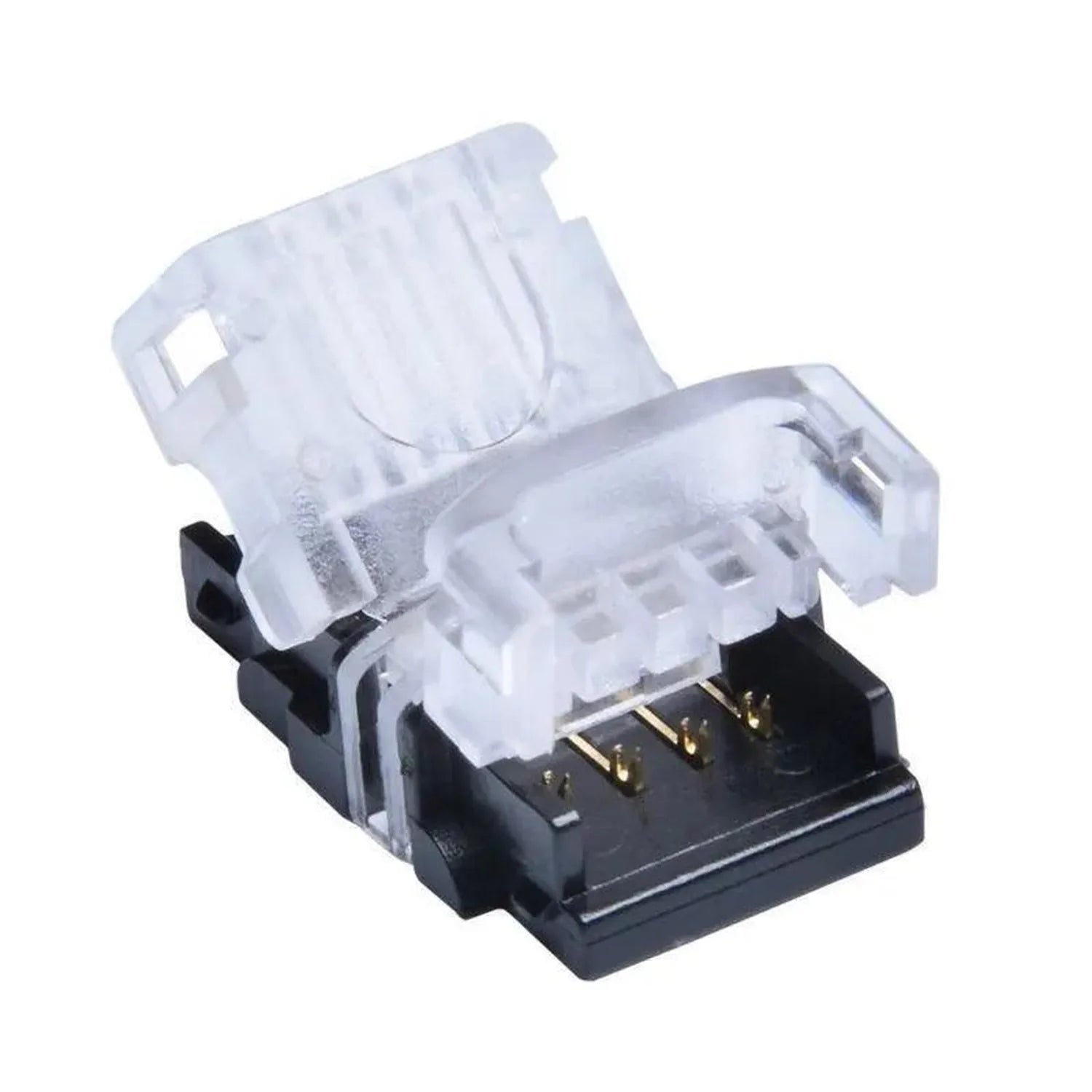 LED strip connector board with white clip housing and black base showing gold contact pins, product alone on white background