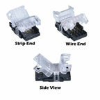 Three views of an LED strip connector board showing strip end, wire end, and side profile with black base and clear plastic h