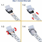 Step-by-step installation diagram showing LED strip light connector alignment and attachment process in four sequential stage