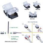 LED strip connector board with strip end and wire end options shown in multiple views, plus step-by-step installation instruc
