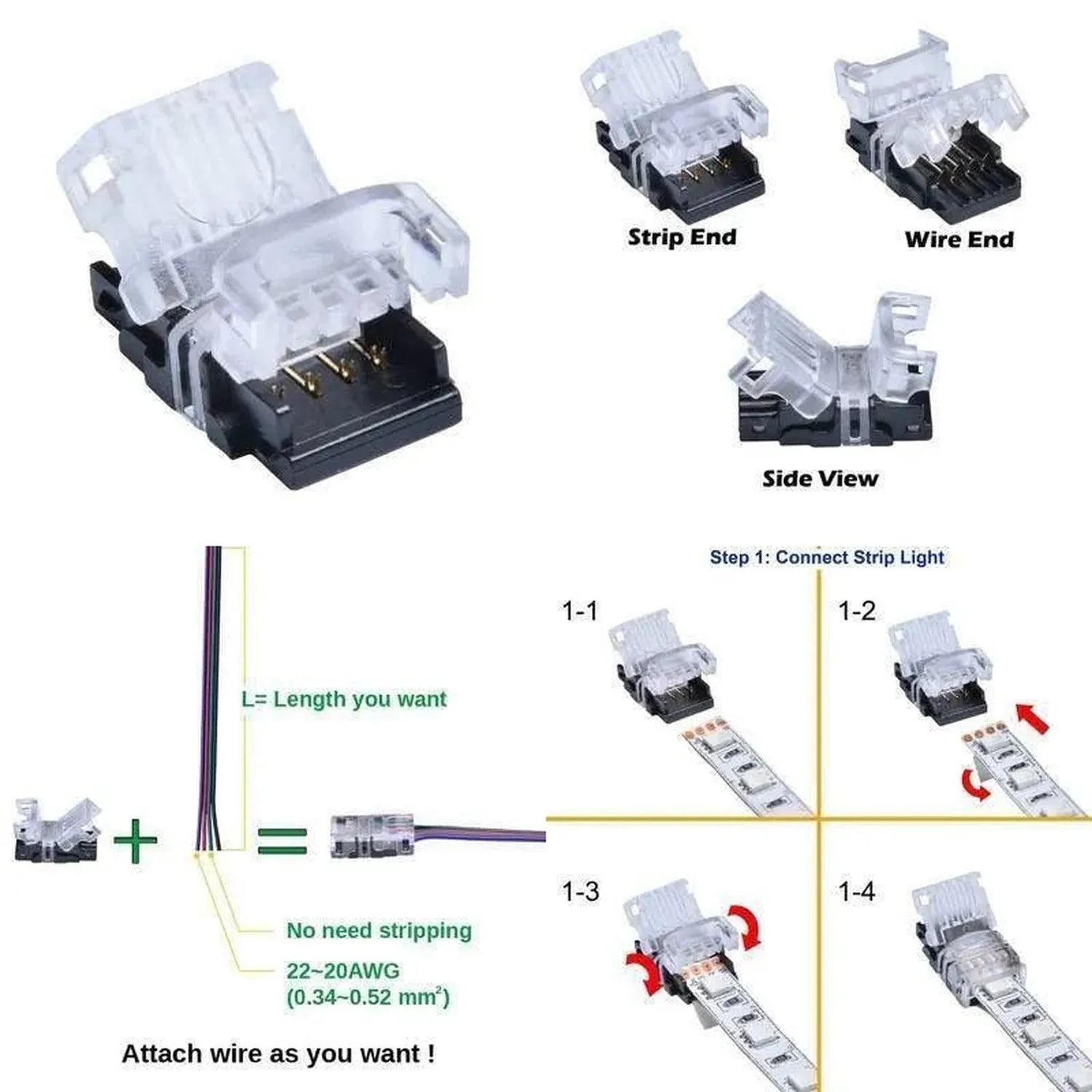 LED strip connector board with strip end and wire end options shown in multiple views, plus step-by-step installation instruc