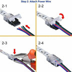 Step-by-step installation diagram showing how to attach power wires to LED strip connector boards using a four-step process w