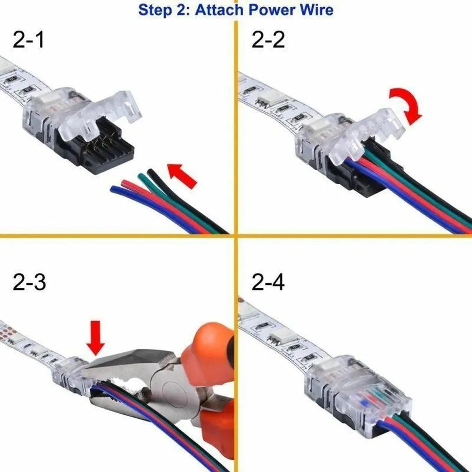 Step-by-step installation diagram showing how to attach power wires to LED strip connector boards using a four-step process w