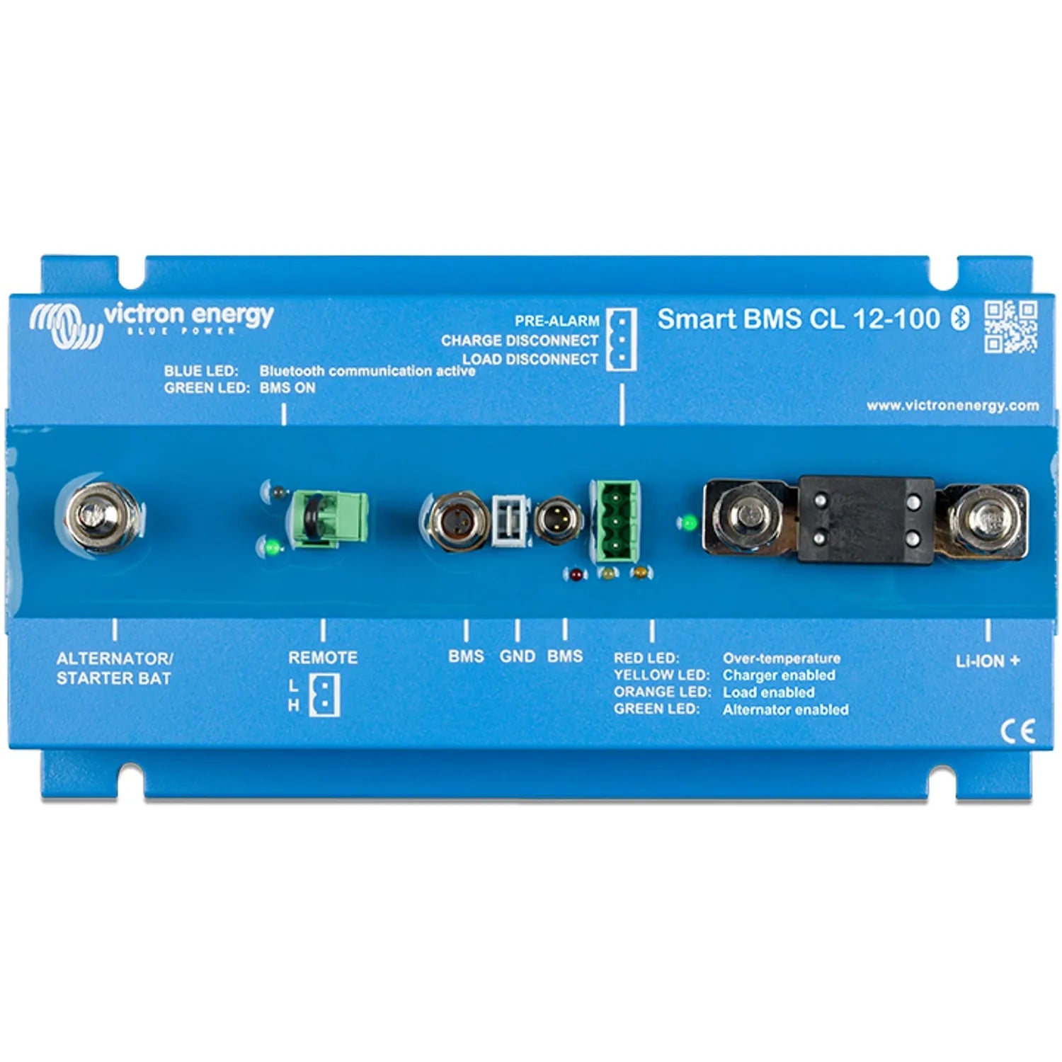 Victron Energy Smart BMS CL 12-100 battery management system circuit board with blue housing, connectors, and indicator LEDs.