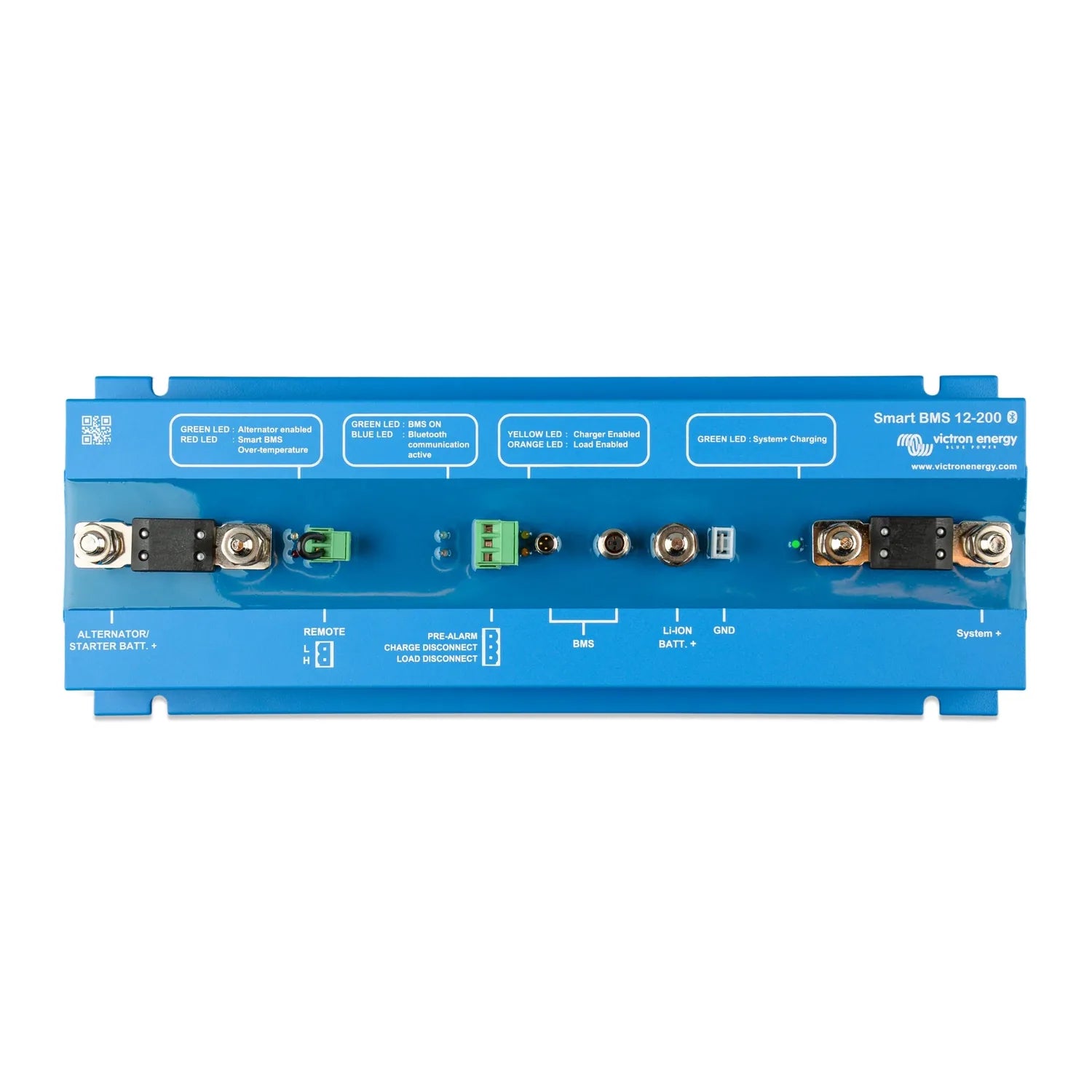 Victron Smart BMS 12-200 blue circuit board showing battery management terminals, LED indicators, and component layout from a